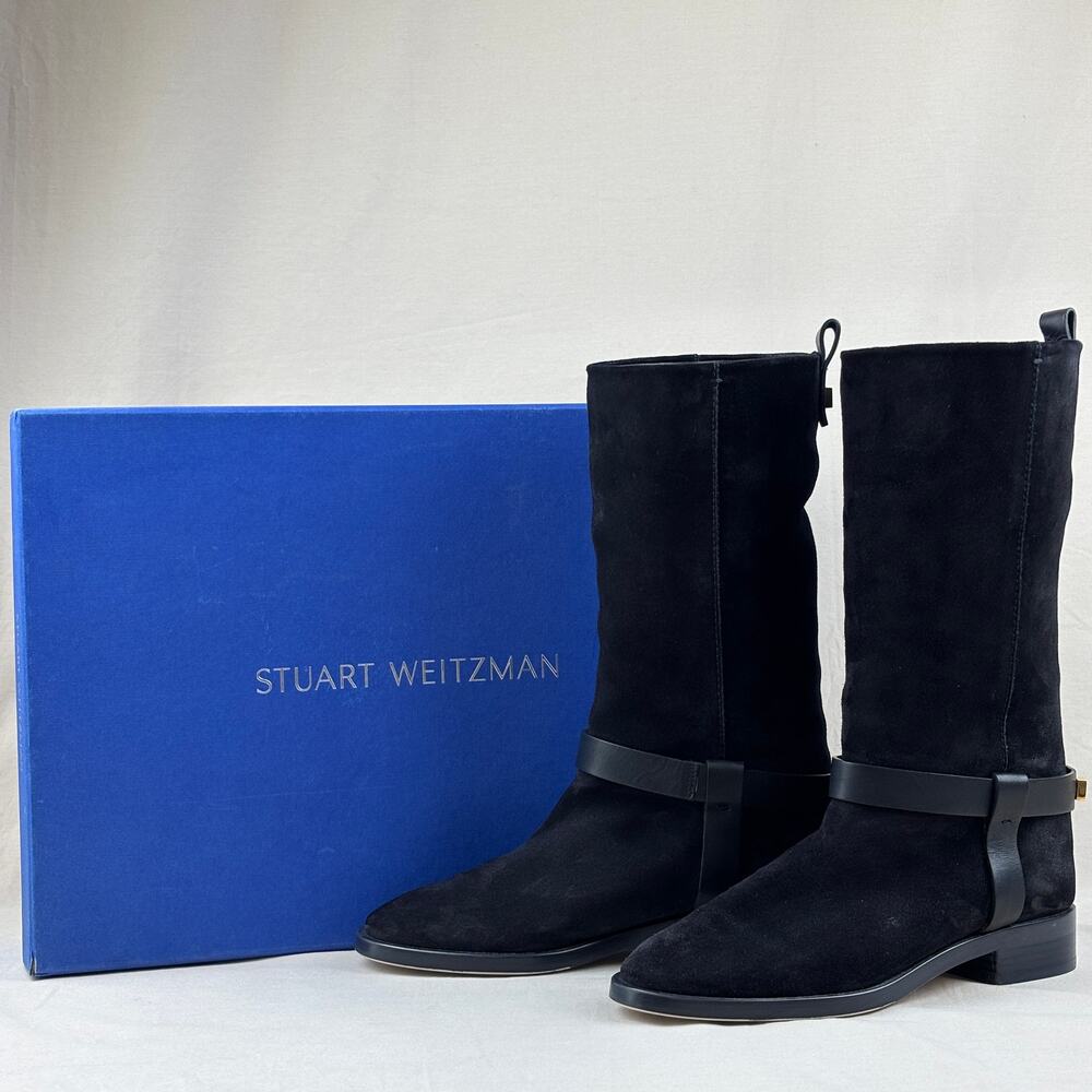 Stuart Weitzman Casey Black Suede Leather Mid-Calf Block Heel Boots Size 7.5M